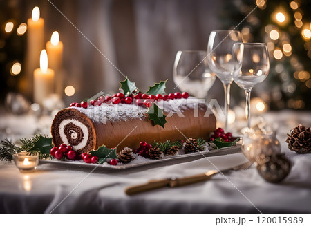 Traditional chocolate trunk cake or log cake on table with Christmas decorations 120015989
