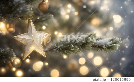 Christmas gold decorations on snow with christmas tree branches and christmas star. Winter Decoration Background 120015990