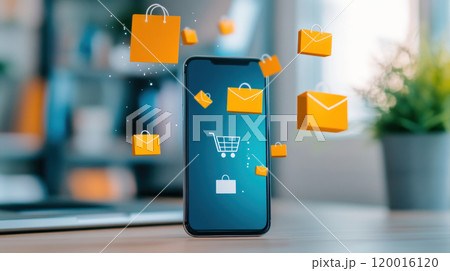 A smartphone displaying shopping cart with floating icons, symbolizing online shopping 120016120
