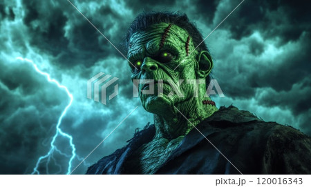Frankenstein's monster with glowing eyes stands in front of a stormy sky 120016343
