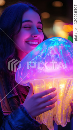 Joyful interaction with a luminous jellyfish-shaped cushion at night Joyful interaction with a luminous jellyfish-shaped cushion at night 120016507