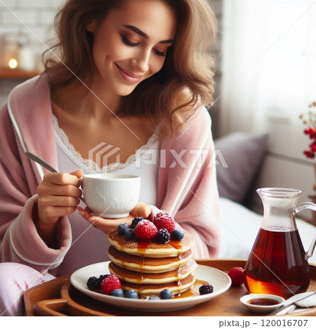 パンケーキの前にいる外国人女性 パンケーキの前にいる外国人女性 120016707