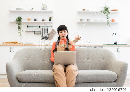 Caucasian woman with laptop working remotely on sofa at home Caucasian woman with laptop working remotely on sofa at home 120016791