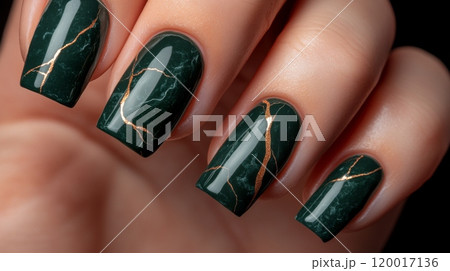 Sophisticated green marble and gold nail art design for style inspiration 120017136