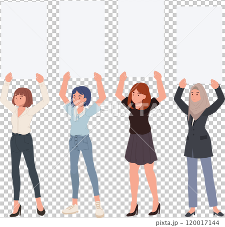 women holding blank signboard for text space, group of diverse women holding blank board, female group teamwork and advertising concept 120017144