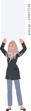 Woman Holding Blank Sign Overhead. Empty Message Board for Mockup and Marketing Use Woman Holding Blank Sign Overhead. Empty Message Board for Mockup and Marketing Use 120017146