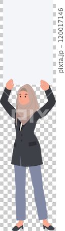 Woman Holding Blank Sign Overhead. Empty Message Board for Mockup and Marketing Use Woman Holding Blank Sign Overhead. Empty Message Board for Mockup and Marketing Use 120017146