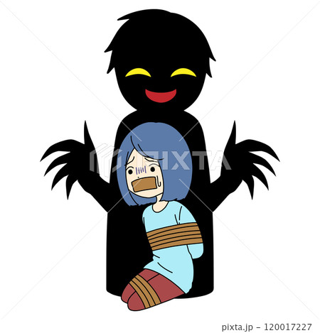 拘束される女性と犯人イメージの黒いシルエットの人物の素材 120017227