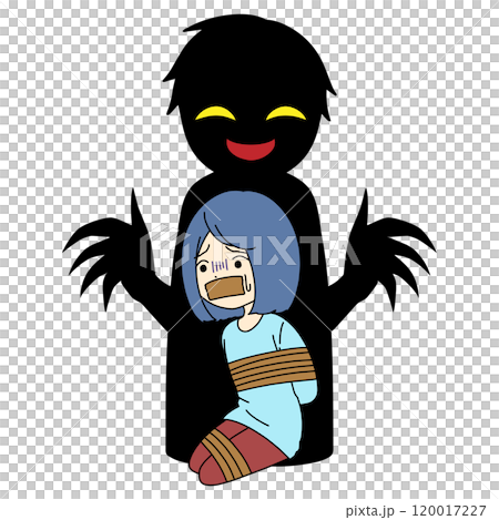 拘束される女性と犯人イメージの黒いシルエットの人物の素材 120017227