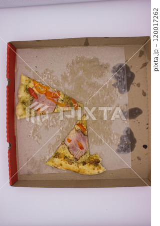 Two Pizza Slices Remain in Takeout Box 120017262
