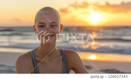 Serene Teenage Girl with Shaved Head Enjoying a Beach Sunset 120017343