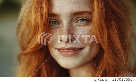 CloseUp Portrait of Smiling Woman with Freckles and Red Hair for Natural Beauty Themes 120017556