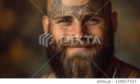 Portrait of a Man with Intricate Facial Tattoos and Beard for Artistic Expressions 120017557