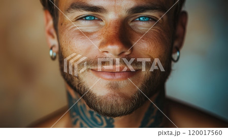 CloseUp Portrait of Man with Striking Blue Eyes Displaying Confidence and Charm 120017560