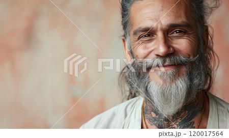 Portrait of a Smiling Older Man with Long Gray Beard and Tattoos 120017564