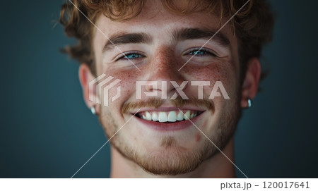 CloseUp Portrait of a Smiling Young Man with Freckles and Earrings for Branding and Social Media Content 120017641