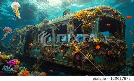 Sunken Subway Carturned Coral Reef with Marine Life Diversity, Underwater Photography for Conservation Awareness and Environmental Design 120017675