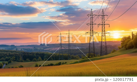 Scenic Sunset Over Rolling Hills with Power Lines Stretching Across Golden Fields 120017791
