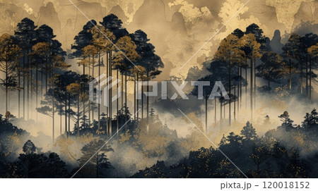 Serene Japanese Forest Landscape Illustration with Tall Trees, Mist, and Mountain Background Design for Print, Card, or Poster 120018152