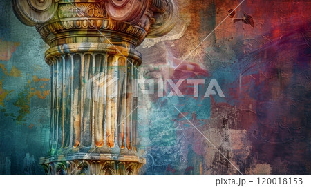 Ancient Greek Corinthian Column with Colorful Grunge Texture, Suitable for Abstract Art, Background, Print, and Design Projects 120018153