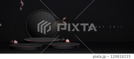 Elegant dark Christmas display with round podiums and baubles 120018155