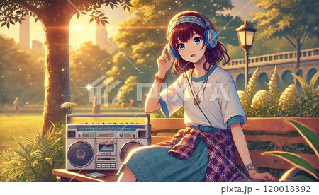ラジカセを聞いている美少女 120018392