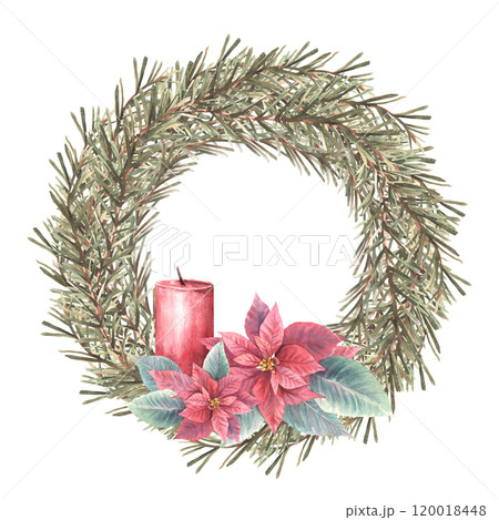 Christmas spruce branches evergreen advent wreath with red poinsettia flowers and flameless candle. Watercolor hand drawn illustration Circle advent template for festive card Isolated from background. 120018448