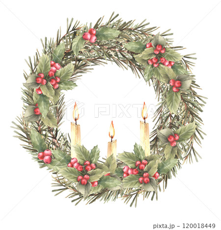 Christmas wreath of spruce branches with holly berries and three burning white candles.Circle template for advent card, festive decor. Watercolor hand drawn illustration isolated from background 120018449
