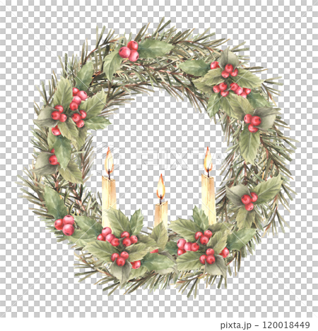 Christmas wreath of spruce branches with holly berries and three burning white candles.Circle template for advent card, festive decor. Watercolor hand drawn illustration isolated from background 120018449