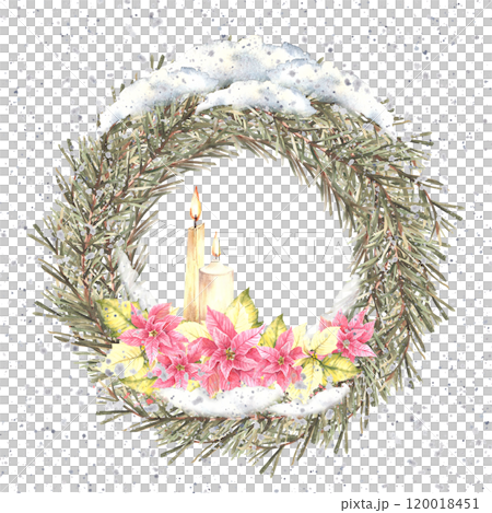 Snowy Christmas spruce branches evergreen advent wreath. Pink yellow poinsettia flowers and burning white candle on watercolor snow splashes stains background. Hand drawn illustration Isolated Snowy Christmas spruce branches evergreen advent wreath. Pink yellow poinsettia flowers and burning white candle on watercolor snow splashes stains background. Hand drawn illustration Isolated 120018451