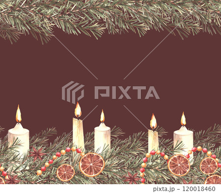 Christmas spruce boughs decorated with burning candles and vintage red golden garland, dried fruit and spices. Watercolor seamless banner, border. Hand drawn illustration Isolated from dark background 120018460