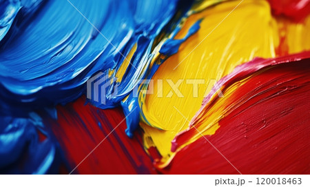 A canvas filled with abstract paint strokes in bold colors like red, blue, and yellow 120018463