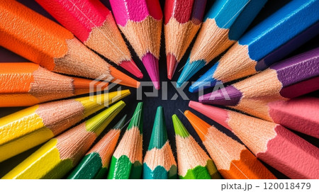 Colorful pencils arranged in a circle, showing sharp tips in a creative pattern. 120018479
