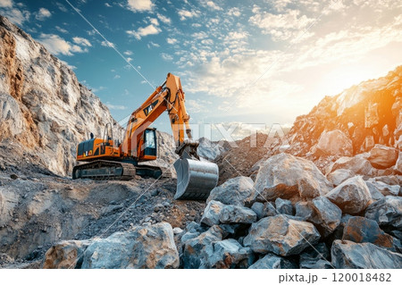 Excavator working in a dusty construction site 120018482