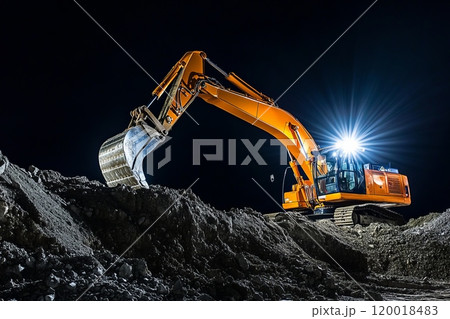 Excavator working at night on a construction site, 120018483