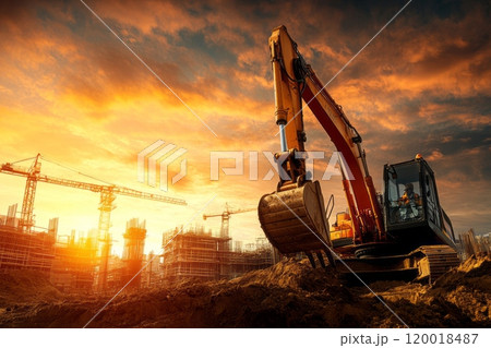 Excavator working in a rocky quarry during sunset 120018487