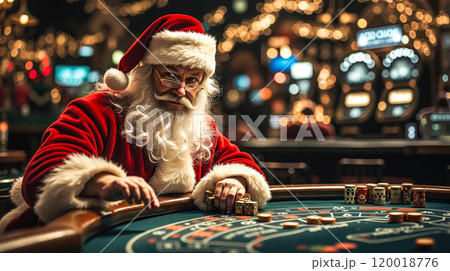 A man dressed as Santa Claus playing blackjack in a casino 120018776