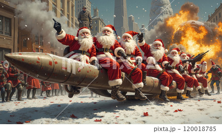 A group of santa claus sitting on top of a rocket in the snow 120018785