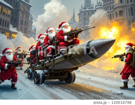 A group of santa claus riding on top of a military vehicle in the snow 120018786