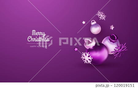 Holiday illustration with Christmas gift, snowflake and xmas decorations. New year and christmas greeting card. 3d render vector illustration. 120019151