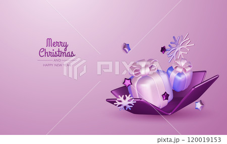 Holiday illustration with Christmas gift, snowflake and xmas decorations. New year and christmas greeting card. 3d render vector illustration. 120019153