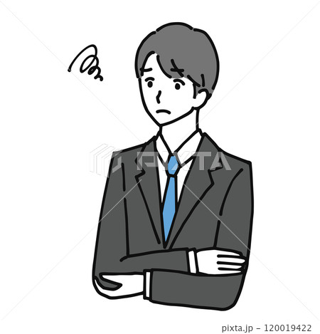 腕を組み悩むスーツの若い男性の線画イラスト 腕を組み悩むスーツの若い男性の線画イラスト 120019422
