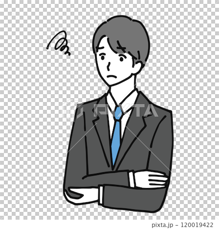 腕を組み悩むスーツの若い男性の線画イラスト 腕を組み悩むスーツの若い男性の線画イラスト 120019422