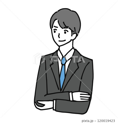 腕組みをして批判いるスーツ姿の男性の線画イラスト 120019423