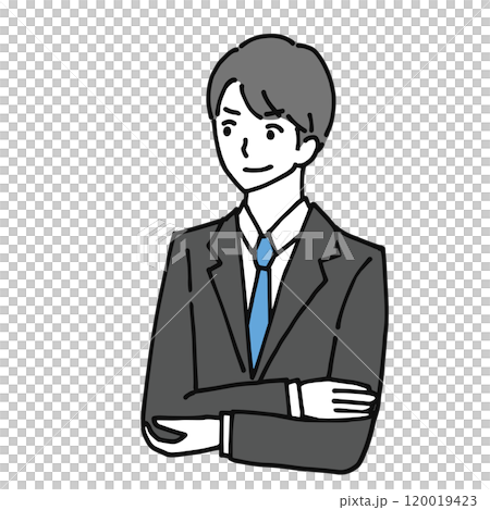 腕組みをして批判いるスーツ姿の男性の線画イラスト 120019423