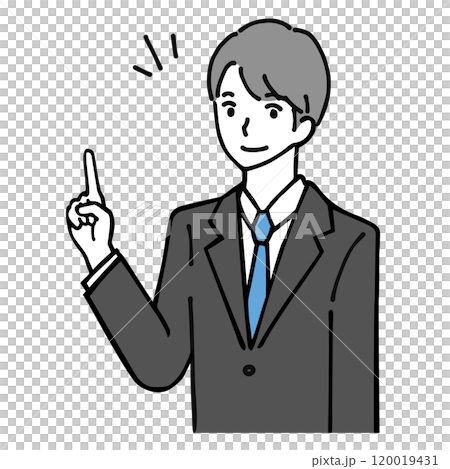 Line drawing illustration of a young businessman pointing 120019431