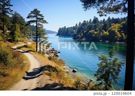 Aerial view canoe in mountain river and forest. 120019604