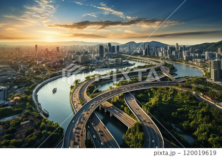 Top view of expressway over big river, traffic car interchange. 120019619