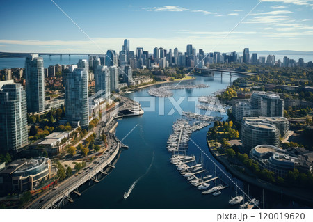 A bird's-eye view of modern urban waterfronts and small moorings for yachts and boats. 120019620