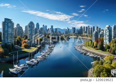 A bird's-eye view of modern urban waterfronts and small moorings for yachts and boats. 120019621